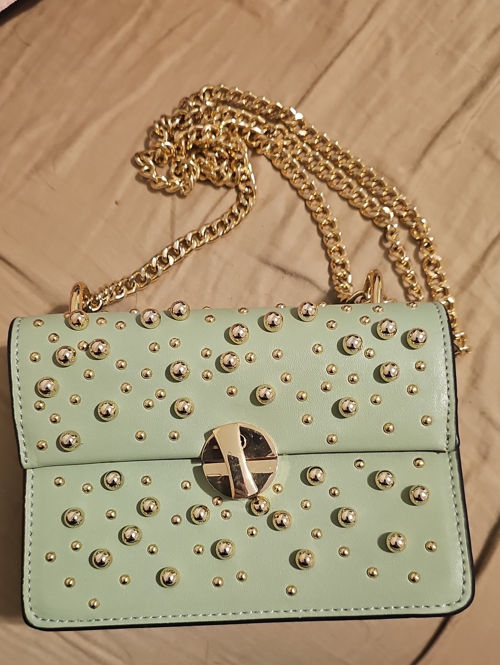 Mint Green Studded Crossbody Bag with Gold Chain - Picture 1 of 2
